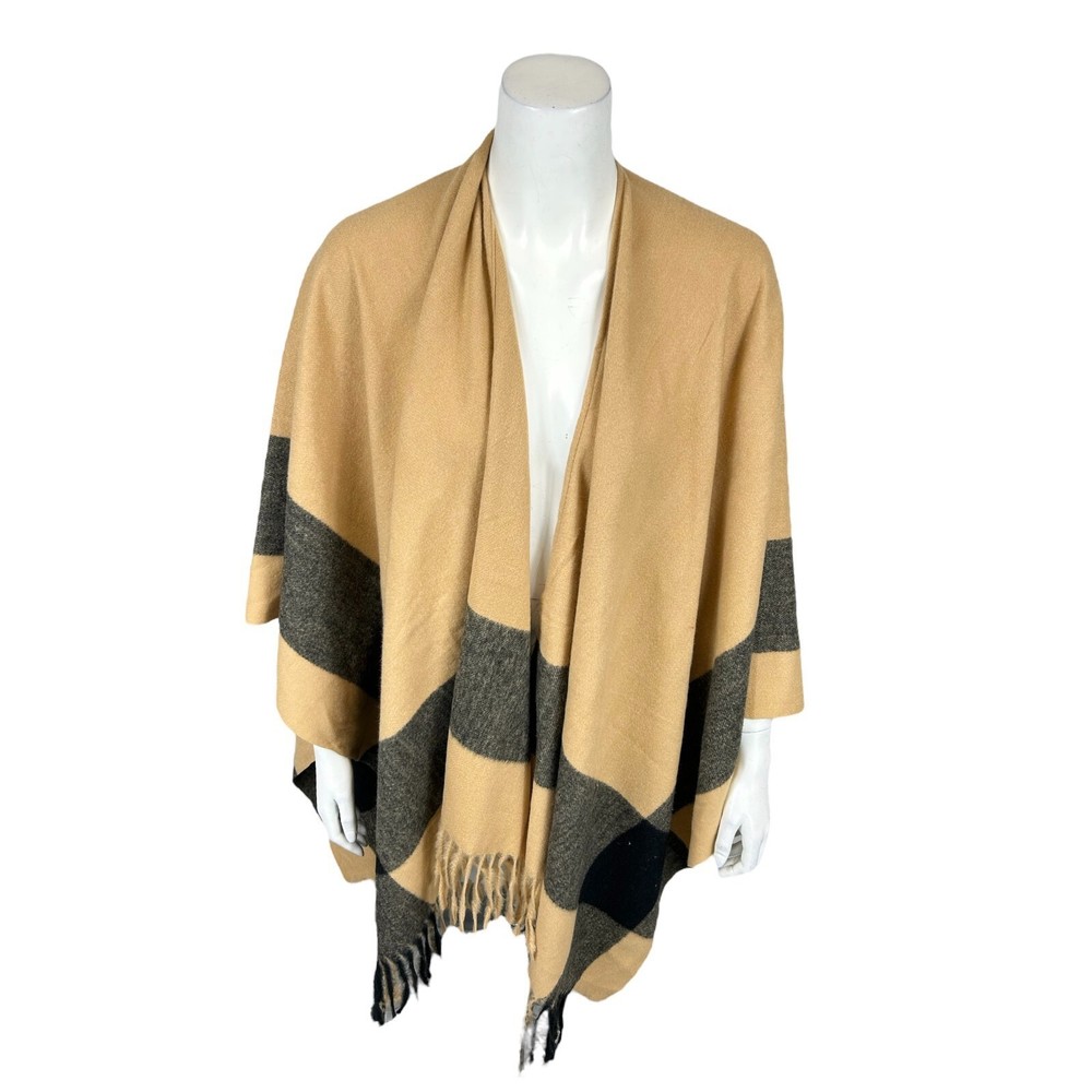 Belle by Kim Gravel Women's Border Stripe Ruana with Fringe Top Camel One Size